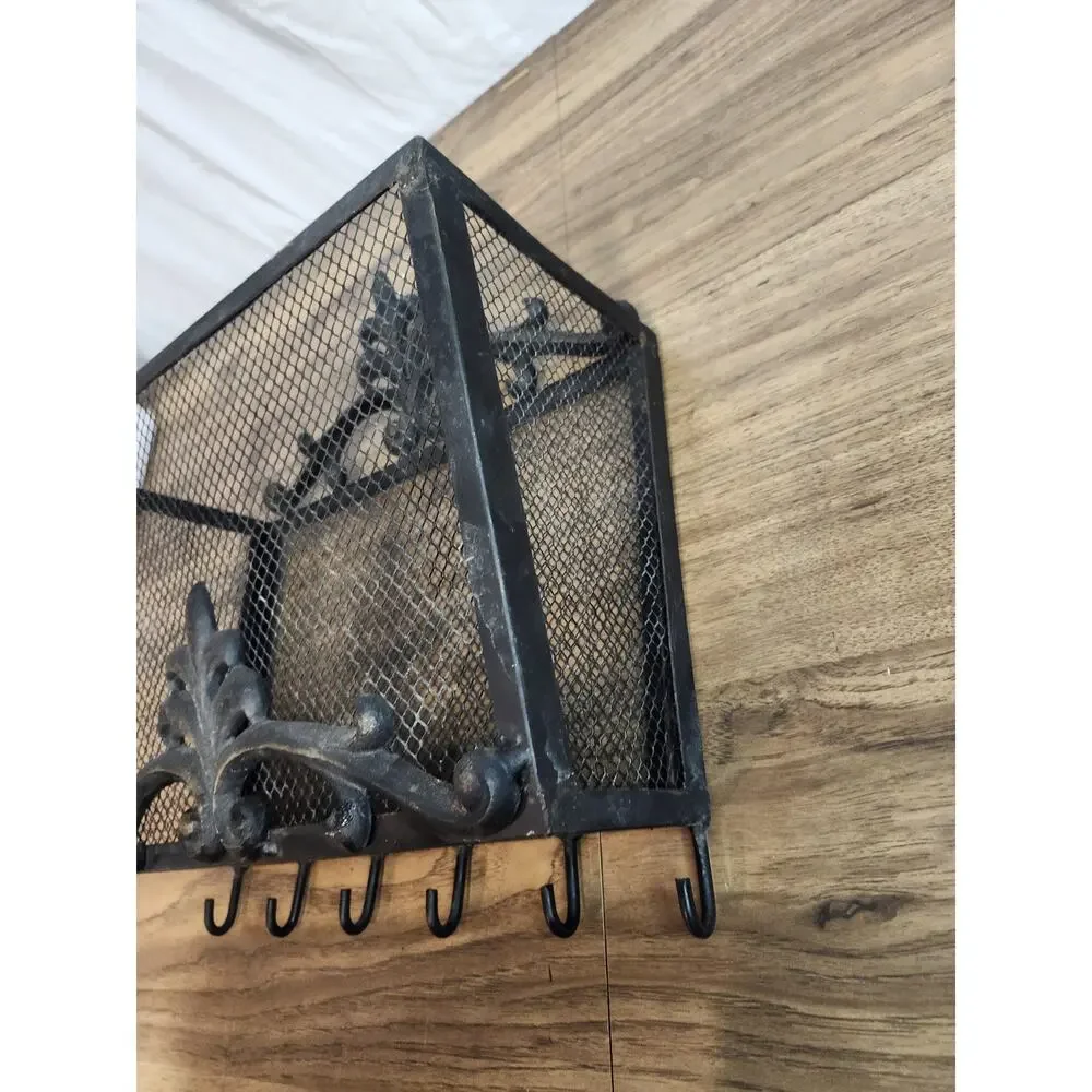 Vintage Black Hanging Wall Basket Storage Wrought Iron (?) Hooks Entry Way...